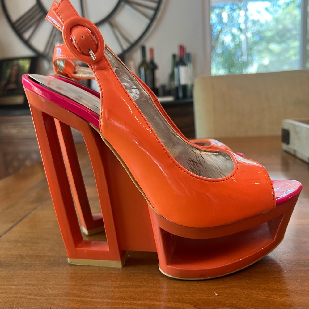 C Label Orange and Pink Patent Platform Slingback Heels
